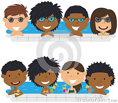 Young multiracial teens having fun in outdoor swimming pool. Vector Illustration