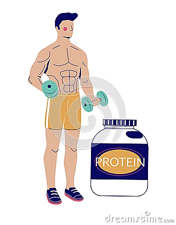 Young muscular bodybuilder standing nearby protein bottle Vector Illustration