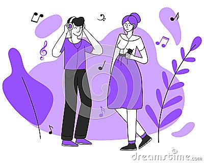 Young music lovers with earphones vector illustration. Leisure, walking, relax. Teens with earphones, strolling music Vector Illustration