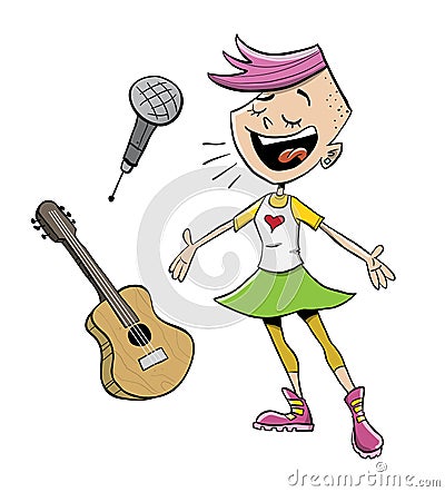 Young musician girl with guitar and microphone Vector Illustration