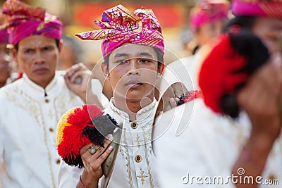 Young musician man of traditional Balinese people orchestra Gamelan Editorial Stock Photo