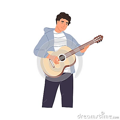 Young musician performing music on acoustic guitar. Happy guitarist standing and playing romantic melody. String Vector Illustration