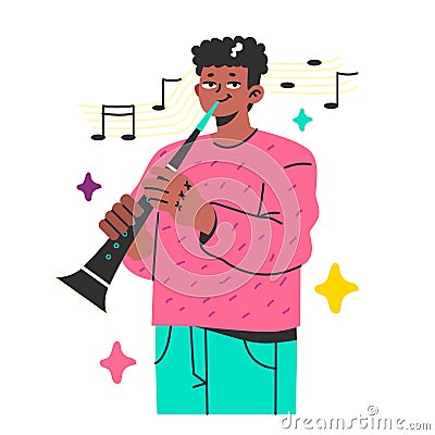 Young musician playing clarinet. Black clarinetist performing jazz music. Vector Illustration