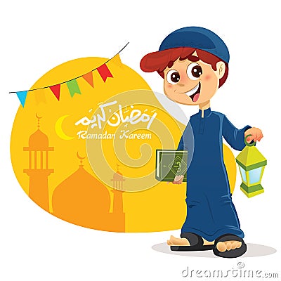 Young Muslim Boy Holding Quran Book Vector Illustration