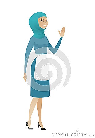 Young muslim cleaner waving her hand. Vector Illustration