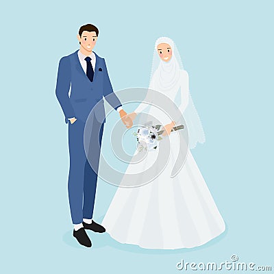 young muslim wedding couple in blue suit wedding dress Vector Illustration