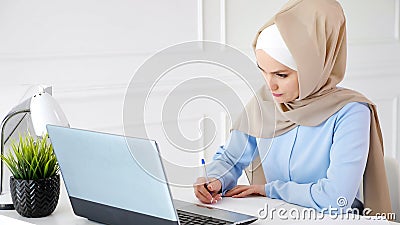 Young muslim woman student in hijab is doing her homework writing and drawing table on paper using laptop. Stock Photo