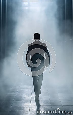 young mysterious businessman walking away. foggy city street. Stock Photo