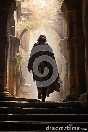 young mysterious medieval peasant man walking down a dark Gothic stone alley. Stock Photo