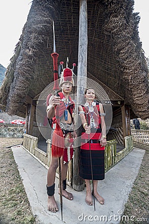 Young Naga Tribal Couplein traditional Attire at Hornbill festival,Kohima,Nagaland,India on 1st December 2013 Editorial Stock Photo