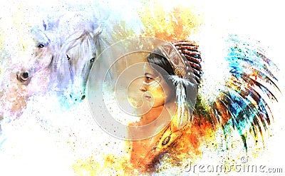 Young native indian woman wearing a gorgeous feather headdress, with two horse, and cosmic space background. Stock Photo