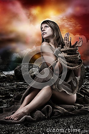 Woman with tied up hands Stock Photo