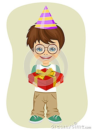Young nerd boy with party hat holding birthday gift Vector Illustration