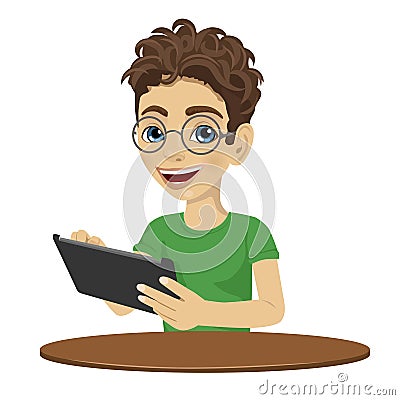 Young nerd teenager boy using tablet computer Vector Illustration