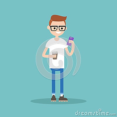Young nerd texting on his smartphone and holding a cup of coffee Vector Illustration