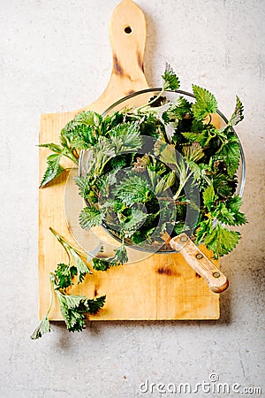 Young nettle leaves in a glass bowl Stock Photo