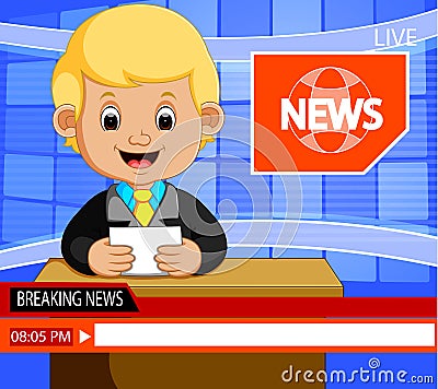 Young news anchor man reporting breaking news sitting in a studio Vector Illustration