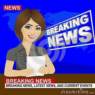 Young news anchor woman reporting breaking news sitting in studio Stock Photo