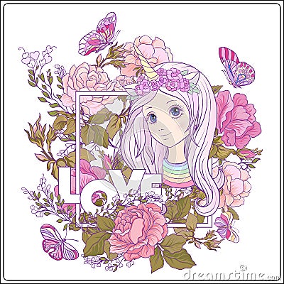 Young nice girl in a cap with a unicorn horn in the garden Vector Illustration