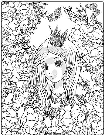 Young nice girl in princess crown in the garden of roses. Outlin Vector Illustration