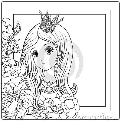 Young nice girl in princess crown in the garden of roses. Outlin Vector Illustration