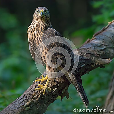 Young Northern Goshawk posing on bulky trunk while looking forward Stock Photo