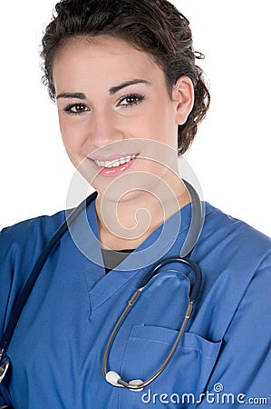 Young nurse, blue scrubs and stethoscope, isolated Stock Photo