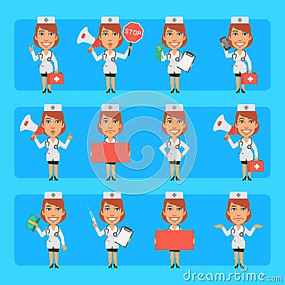 Young nurse in different poses and emotions Pack 2. Big character set Vector Illustration