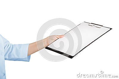 A young nurse is holding in his hand the tablet to take notes. Stock Photo