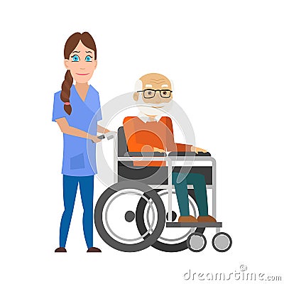 Young nurse pushing wheelchair with disabled old man. Helping elderly and sick people. Vector Vector Illustration