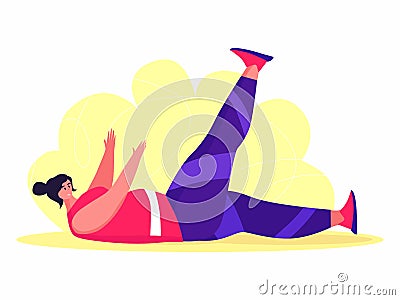 A young obese woman doing exercise. A girl working in sweat to get rid of belly fat. Obesity. Vector Illustration