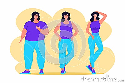 A young obese woman doing exercise. A girl working in sweat to get rid of belly fat. Obesity. Vector Illustration