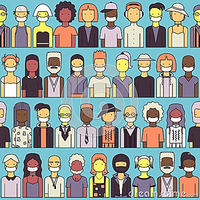 A group of people in medical masks, men and women, Vector Illustration