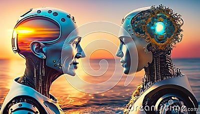 Young and old cyborgs against the backdrop of sunset Stock Photo