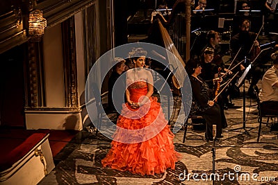 Young opera singer performing aria at National Theater in Belgrade Editorial Stock Photo