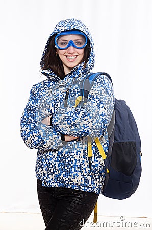 Young optimistic girl with rucksack isolated on Stock Photo