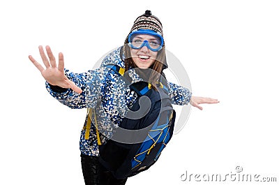 Young optimistic girl with rucksack isolated on Stock Photo