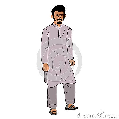 Young Pakistani Man wearing shalwar Kameez, kurta. South Asia traditional dress, muslime male cloth Vector Illustration
