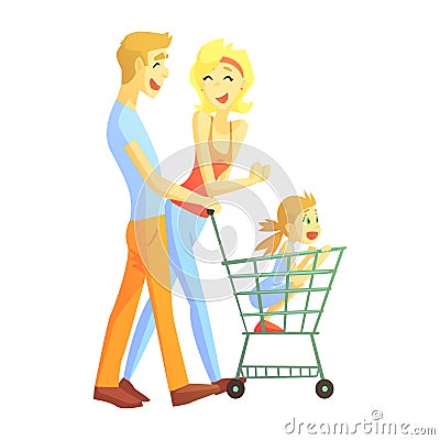Young Parents With Little Girl Shopping, Happy Loving Families With Kids Spending Weekend Together Vector Illustration Vector Illustration