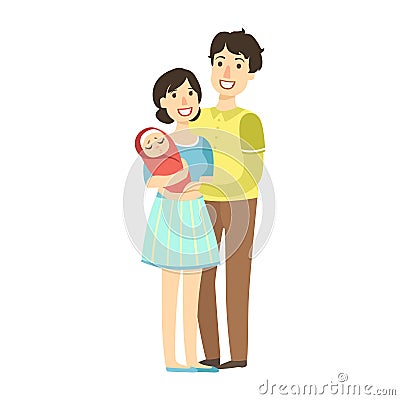 Young Parents With Newborn Kid In Arms, Illustration From Happy Loving Families Series Vector Illustration