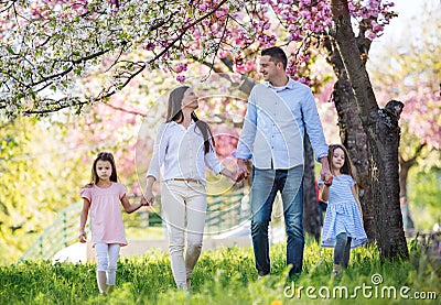 Young parents with small daugthers walking outside in spring nature. Stock Photo