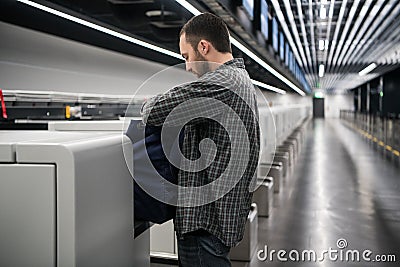 Young passenger with a passport and backpack during registration in airport before flight Stock Photo