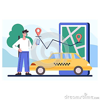 Young passenger standing in park, holding mobile phone and ordering car Vector Illustration