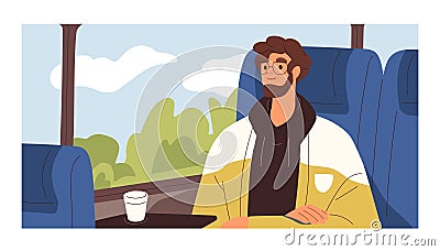 Young passenger traveling by bus, looking outside window at summer landscape with trees and sky. Happy tourist enjoying Vector Illustration