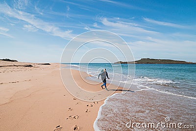 Young, passionate black-haired dobby runs from the waves of the Atlantic Ocean on a sandy beach near Porto Covo, Portugal. In the Stock Photo