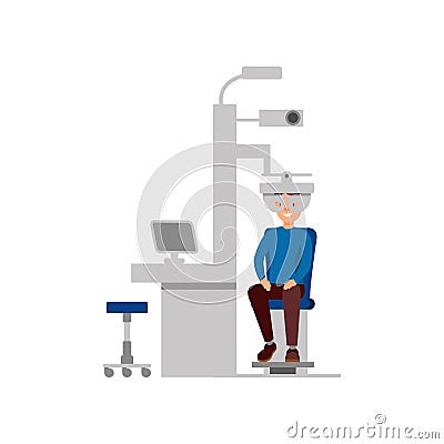 Young patient checking eyesight in clinic. Professional ophthalmologic examination. Concept of modern technologies Vector Illustration