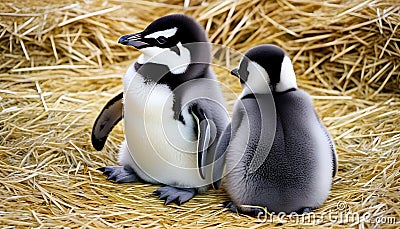 Young penguins sitting together in a hay-like manner Stock Photo