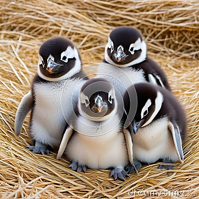 Young penguins sitting together in a hay-like manner Stock Photo