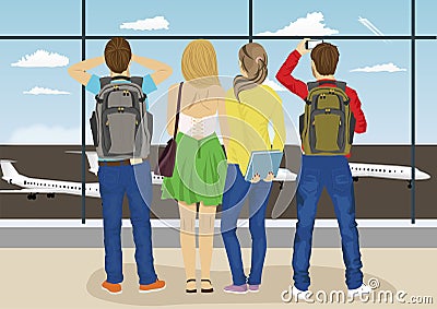 Young people against windows of airport observation deck looking airplane parking Vector Illustration