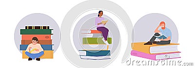 Young people bibliophiles, children student readers holding open textbooks round composition set Vector Illustration